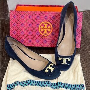 Tory Burch “Gigi” Navy Blue Suede Ballet Pump with Gold Logo - 7.5